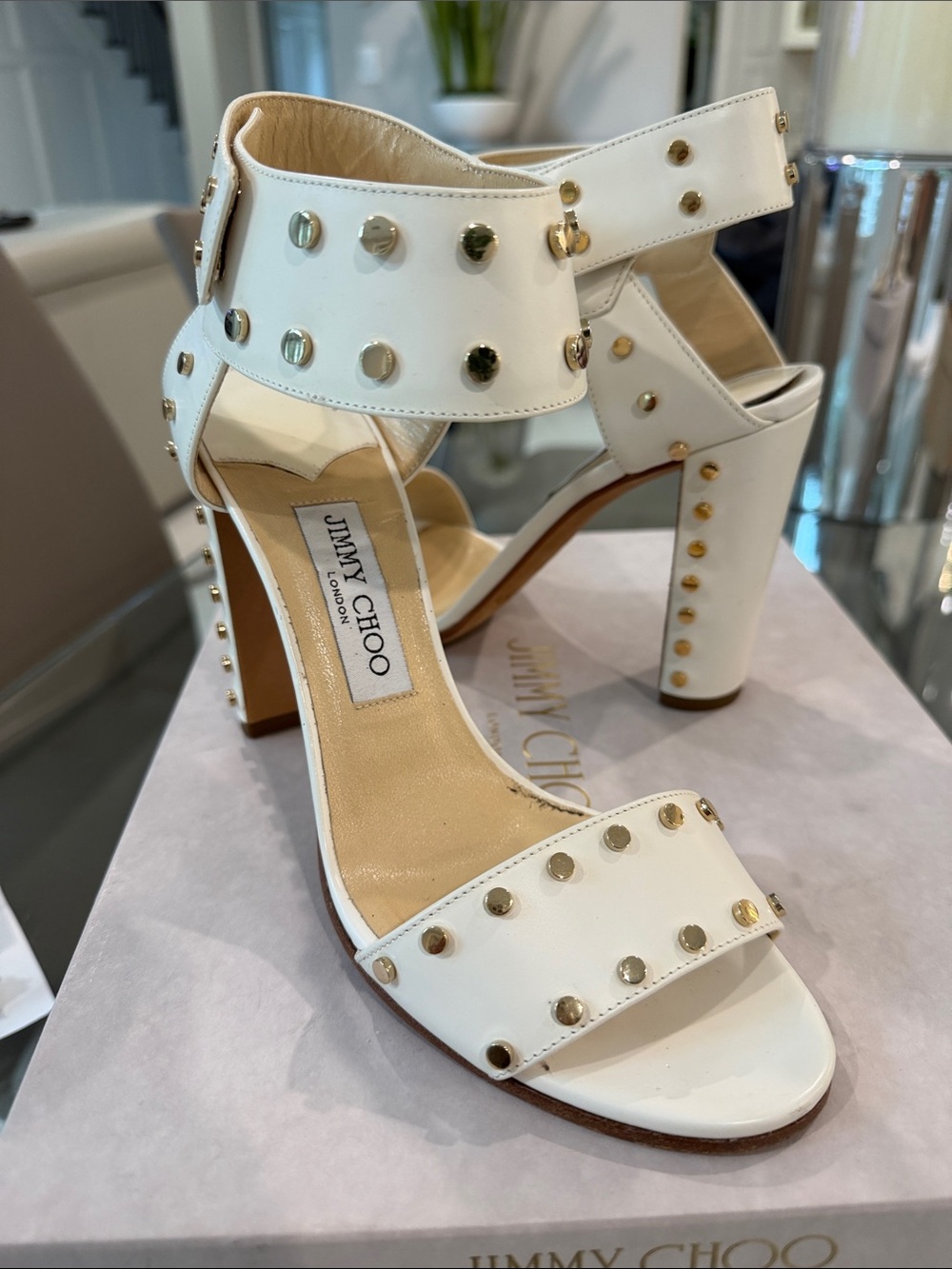 Jimmy Choo White Studded Block Heel Sandals with Ankle Cuff size 39 - Picture 2 of 9
